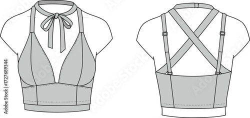 Halter bralette crop top flat sketch, fashion CAD drawing, vector illustration, apparel design template, front and back view, womenswear clothing design, lingerie top