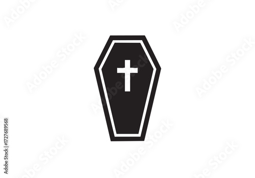 Simple coffin icon with cross, black and white funeral design element for print