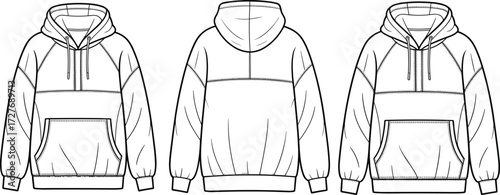 Hoodie technical flat sketch, fashion CAD drawing, vector illustration, apparel design template, front and back view, clothing design, casual wear, streetwear fashion