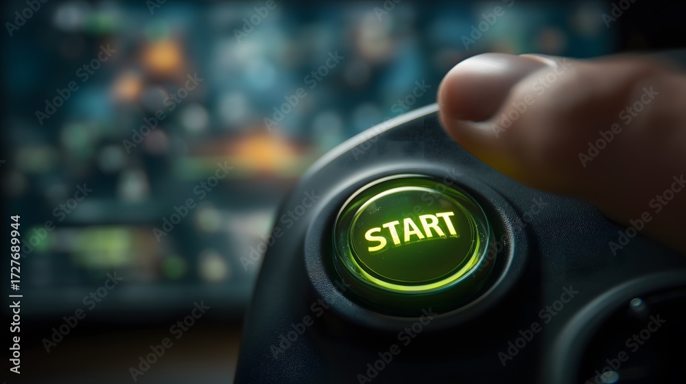 Fototapeta premium Gamer's Hand Pressing Glowing Green START Button on Controller to Begin the Immersive Video Game.