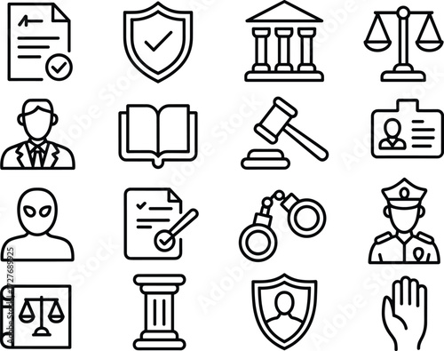 Law and justice vector icon set with courthouse, gavel, police, scales, shield, contract approval, legal ID, law book, courtroom, compliance and security