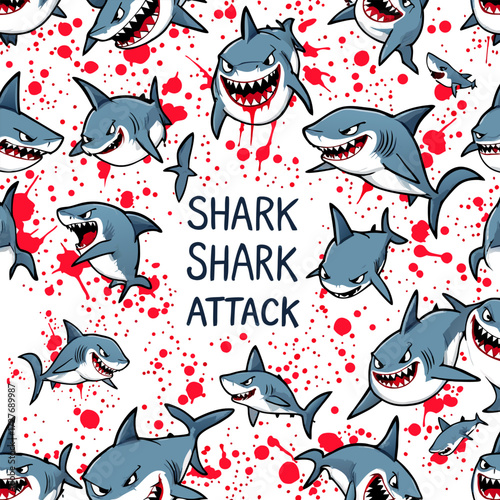 Aggressive Cartoon Shark Attack Seamless Pattern with Blood Splatters