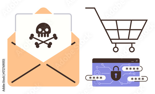 Open envelope with skull and crossbones, shopping cart, locked web page with passwords. Ideal for cybersecurity, online shopping, data protection, hacking, email safety, encryption digital fraud