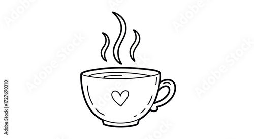 A cute hand-drawn doodle of a steaming hot coffee or tea cup with a small heart design.