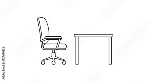 Simple line art illustration of an office chair and desk.
