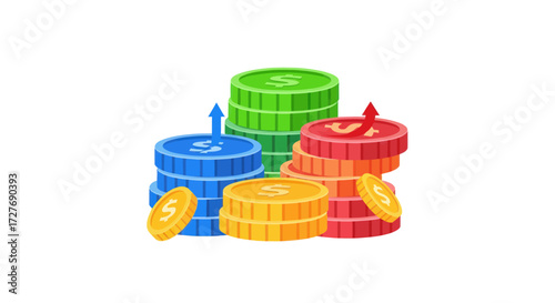 Colorful Stacks of Coins Representing Financial Wealth and Growth.