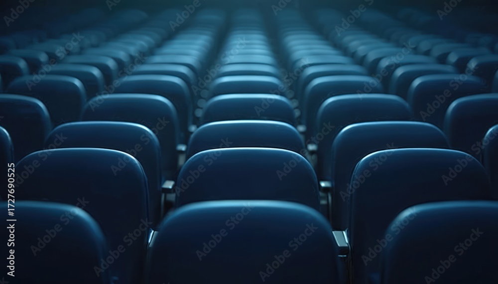 Obraz premium Rows of empty dark blue seats in a theater or stadium. The perspective focuses on the clean lines and repeating patterns of the chairs stretching into the distance under soft lighting.