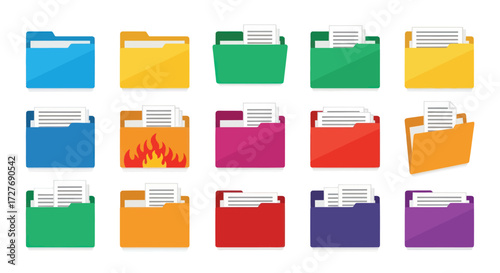 Collection of Colorful File Folder Icons with Document and Fire Symbol.