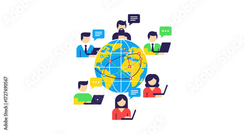 Colorful flat vector illustration of diverse people with laptops communicating and collaborating around a central globe.