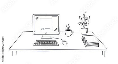Hand-drawn line art illustration of a computer desk setup with monitor keyboard mouse plant coffee cup and books.