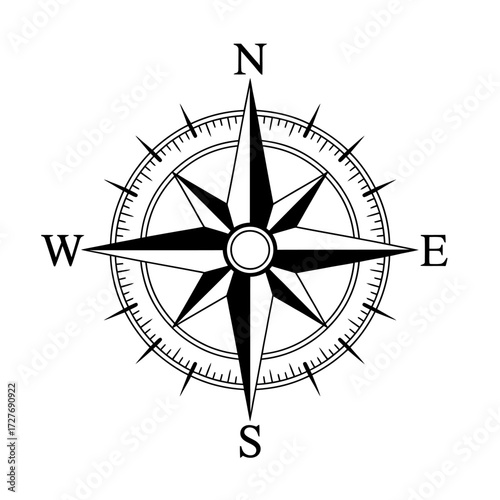 Detailed Black and White Compass Rose Illustration Navigational Tool for Direction and Exploration in Vector Format