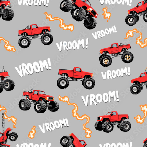 Dynamic Red Monster Truck VROOM! Seamless Pattern for Kids and Boys