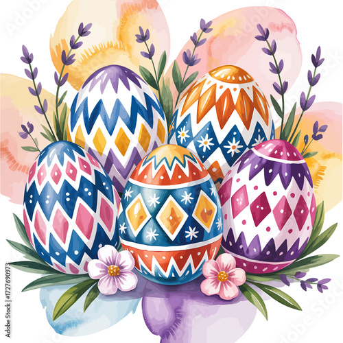Watercolor Easter Eggs with Floral Accents and Pastel Background for Spring Celebration Design and Decoration