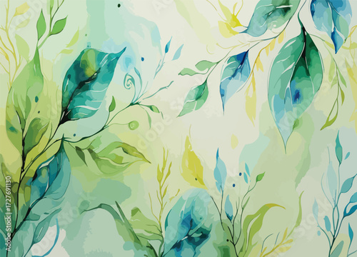 Botanical green watercolor background with leafy patterns
