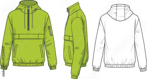 Pullover windbreaker jacket flat sketch, anorak half zip hoodie CAD, kangaroo pocket fashion template, front side back view, vector apparel design