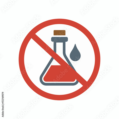 No Chemicals Allowed Sign with Erlenmeyer Flask and Liquid Drop Inside a Red Circle with a Red Diagonal Line