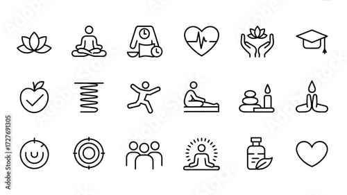 Collection of wellbeing and healthcare line icons representing a healthy lifestyle and holistic wellness practices and personal development