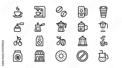 Collection of Coffee Related Icons Representing Different Brewing Methods and Consumption Habits in a Modern Minimalist Style