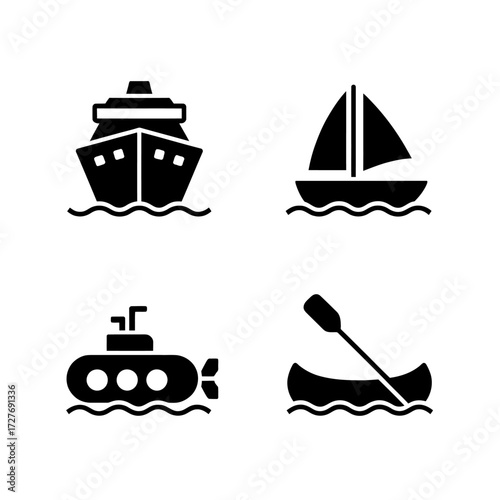 Set of various water transport icons including cruise ship sailboat submarine and canoe with paddle in minimalist black and white design