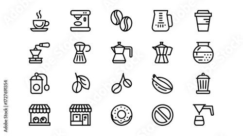 Coffee Shop Icon Set Featuring Coffee Beans Coffee Makers and Coffee Cups a Culinary Delight Collection