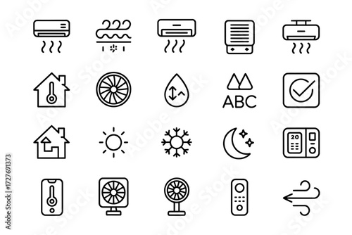 Climate Control and Weather Icons Collection Representing Various Indoor Outdoor Conditions and Systems in Clean Outline Style