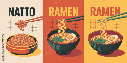 Delicious Japanese Cuisine Featuring Natto and Ramen Two Iconic Dishes in a Colorful Graphic Design