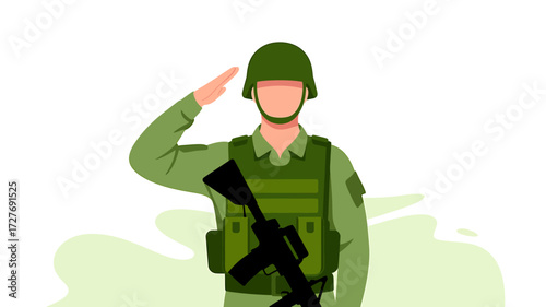 Saluting Soldier Vector Illustration Honoring Military Personnel and Veterans Day Remembrance with Green Uniform and Rifle Illustration