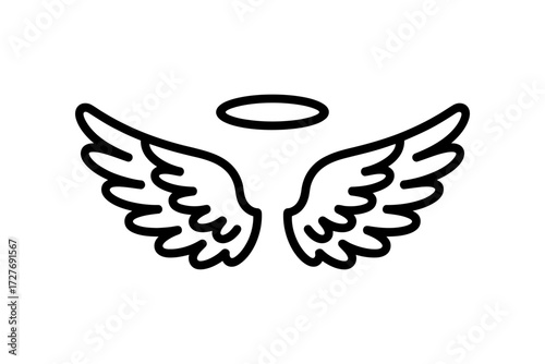 Stylized Angel Wings and Halo Design Black and White Spiritual Symbol of Hope and Protection