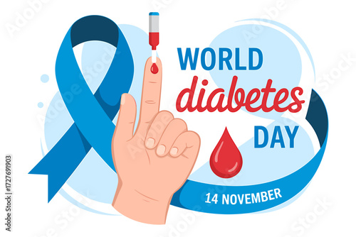 World Diabetes Day awareness illustration with blue ribbon and blood test demonstration for health campaign and medical support