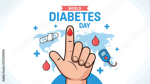 World Diabetes Day Awareness Campaign Blood Test Finger Prick and Glucose Meter Illustration for Promoting Healthcare