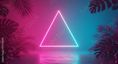 Floating neon triangle above tropical leaves in deep pink and cyan tones, surreal glowing atmosphere, futuristic concept