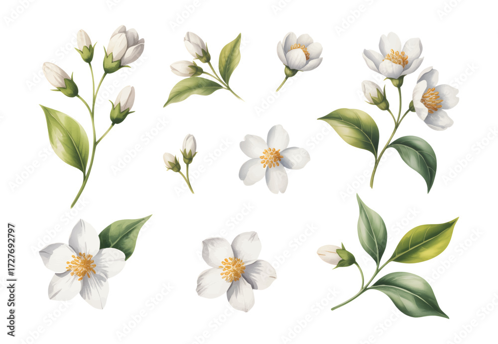 Obraz premium White watercolor jasmine flowers with leaves. Elegant botanical watercolor jasmine set for textile print.