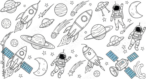 Vector art of handdrawn space elements including rockets, astronauts, planets, and ufos