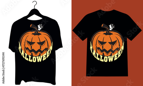 The vector illustration features a spooky jack-o'-lantern carving with an evil face, an orange Halloween pumpkin symbol of October and fall decoration