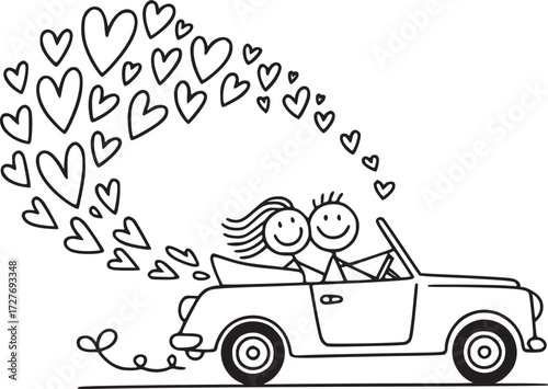 Love's Journey: A whimsical cartoon illustration of a couple driving a car with a trail of hearts symbolizing love, joy and shared adventure.