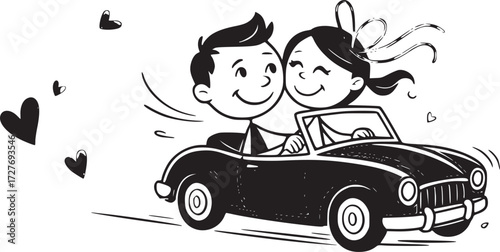 Cartoon Wedding: A charming monochrome illustration portrays a happy couple embracing as they drive away in a classic car, symbolizing the beginning of a beautiful journey together.