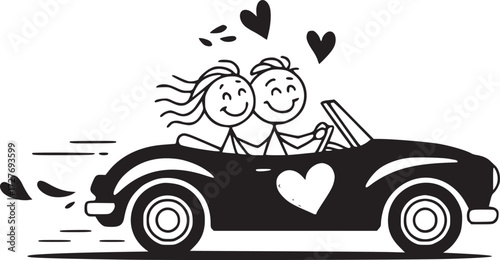 Romantic Road Trip: A charming illustration of a couple in love embarking on a romantic road trip in a vintage convertible car, their joyful hearts soaring. 