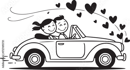 Love's Journey: A charming illustration captures the blissful couple's moment of love and affection in a retro style. They're in an open-top car, hearts gently float above them.