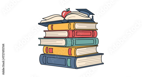 Stack of Colorful Books with Apple and Graduation Cap Illustration.