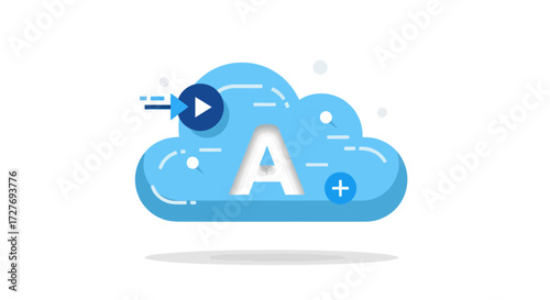 Blue Cloud Computing Icon with Letter A Play Button and Plus Sign.