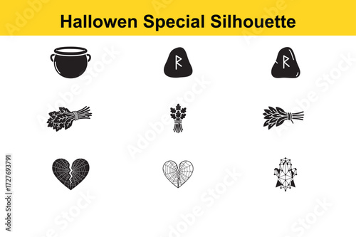 Spooky Halloween silhouettes featuring a cauldron, runes, and hearts for eerie designs