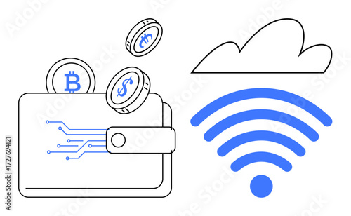 Digital wallet with Bitcoin, dollar, and cryptocurrency coins near cloud and wireless symbol. Ideal for online payment, cryptocurrency, fintech, blockchain, cloud storage, wireless connectivity