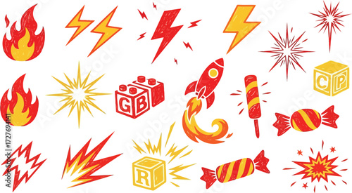 Vector art of handdrawn collection of explosive elements like fire, lightning, and fireworks