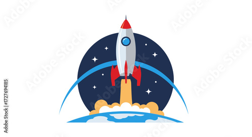 Stylized Rocket Launch Illustration with Stars Planet and Blue Trajectory.