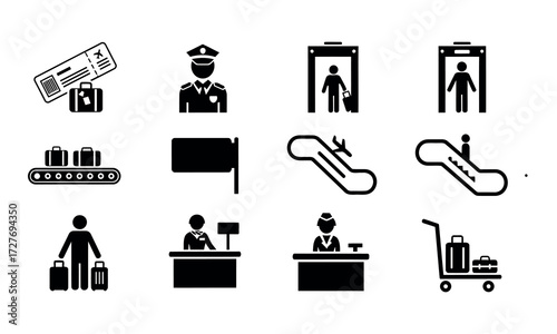 Vector art of airport icon set showing various activities
