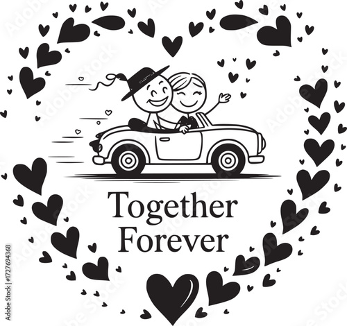 Forever Journey: Charming illustration depicting a couple riding a vintage car encircled by a heart of lovely hearts, capturing the sweet essence of togetherness and enduring affection.
