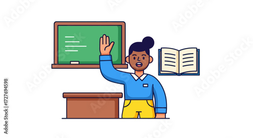 Cartoon Student Raising Hand in Classroom Ready to Answer.
