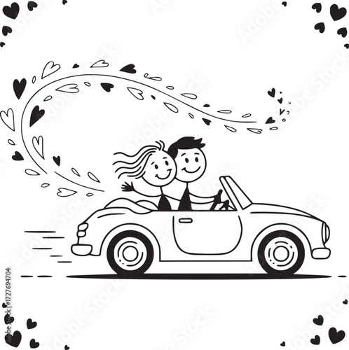 Love Ride: A charming hand-drawn illustration of a couple in a classic convertible, hearts trailing behind, capturing the essence of romantic adventure and joyful journey together.
