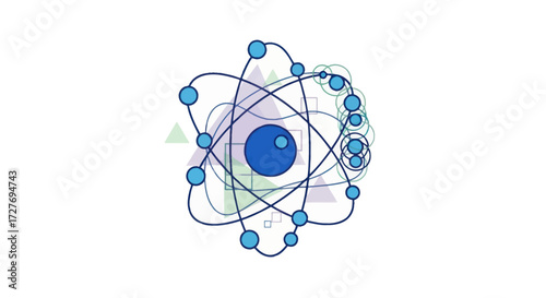 Stylized blue atomic model illustration with orbiting electrons.