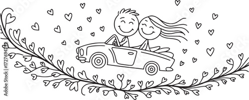 Love's Joyride: A stick figure couple embarks on a romantic journey, their convertible car gliding amidst a cascade of hearts, symbolizing love and togetherness in a simple, yet touching illustration.